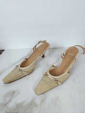Stuart Weitzman Beige Mesh Slingback Kitten Heels, 8